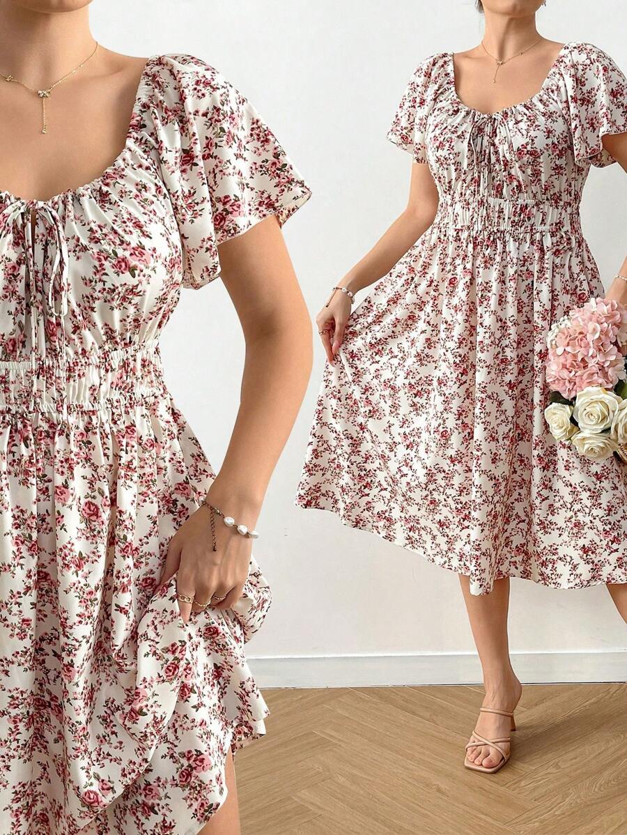 Flirla Plus Size Drawstring Elastic Waist Ditsy Floral Casual Dress - Multicolor - View 1