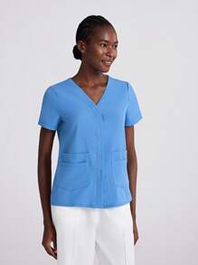 Scrubzie Simple And Fashionable Scrub Uniforms Top, Suitable For Summer Running Nurse & Uniform Scrubs Handwashing Pocketed Breathable Brushed Clothing Set Scrub Stretchable Athletic Workwear With Pockets Scrub Top And Pants Set Women's Scrub Set: Notch V-Neck Tuck In Top & Straight Leg Pants Essential Jogger Scrub Set Nursing Uniform Stretch Top & Drawstring Cargo Pants - Blue - View 4