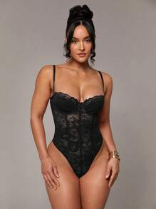 Silquee Camisola de lencería de encaje rojo y sexy, camisola de manga larga entallada, con transparencias, tirantes de espagueti y parches de encaje para uso casual, citas y salidas nocturnas