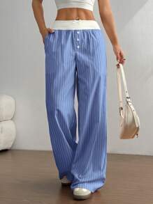 SHEIN Unity Women Striped Button Design Contrast Color Wide Leg Pants - Blue - View 7