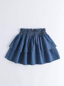 Breezaya Falda corta de denim con volantes de doble capa en el bajo y línea A, para mujer, uso occidental, estilo bohemio