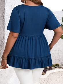 EMERY ROSE 加大码圆领花卉印花拼布休闲T恤，适合度假、夏装、女士度假装/度假、波西米亚风女装 - 藍色 - 查看 2