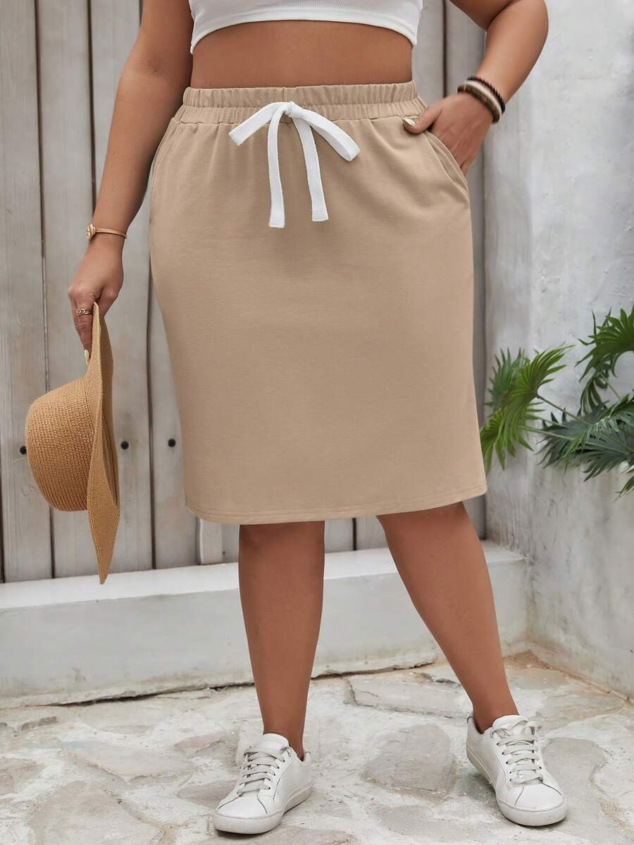 SHEIN LUNE Plus Size Casual Solid Color Drawstring Waist Skirt Fall - Camel - View 1