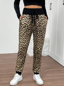 SHEIN LUNE Women's Fashionable Leopard Print Drawstring Sweatpants - White - View 4