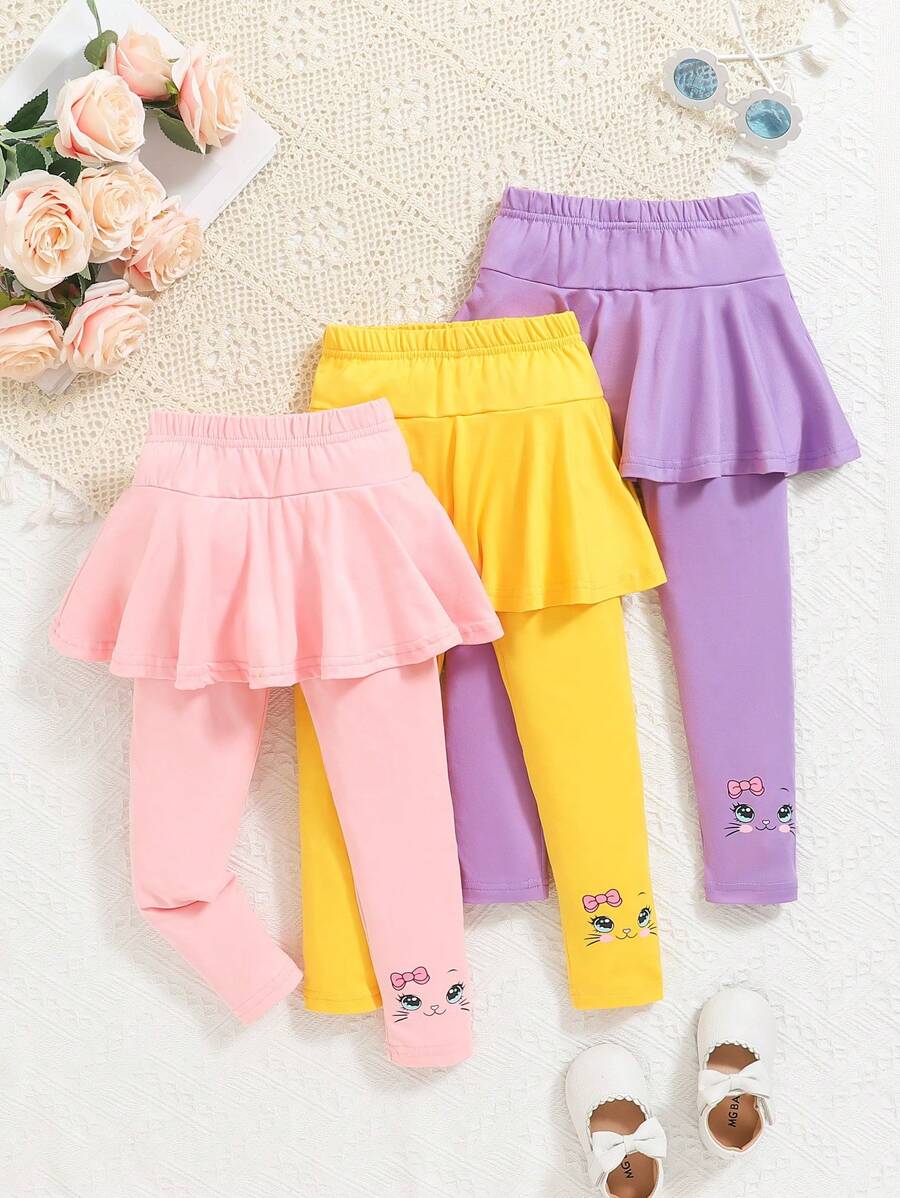 SHEIN Playful Pals 3 件套年轻女孩休闲可爱猫咪印花工装裤，适合春、夏、秋、学校、校园、大学 - 彩色 - 查看 1