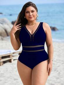Swim Lushoire Baju Renang One Piece Wanita Ukuran Besar Warna Polos dengan Detail Lubang di Pinggang dan Lipatan untuk Liburan Musim Panas - Navy Blue - View 5