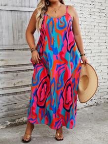 SHEIN CURVE+ Plus Size Summer Abstract Printed Spaghetti Strap Dress Boho Vacation - Multicolor - View 4