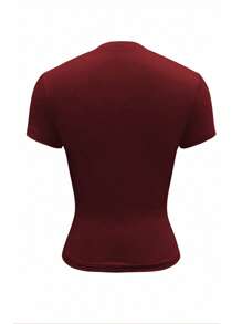 SHEIN EZwear 女士酒红色字母纽扣半襟短袖休闲短款 T 恤 - 酒紅色 - 查看 2