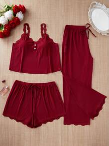SHEIN Plus Size 3pcs Plain Color Lace Camisole Pajama Set, Simple & Fashionable, Suitable For Summer, Outfits - Burgundy - View 5