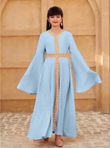 SHEIN 青少年女孩长袖开衩下摆纯色连衣裙，时尚，适合派对、聚会、节日、春夏季 - 淺藍色 - 查看 4