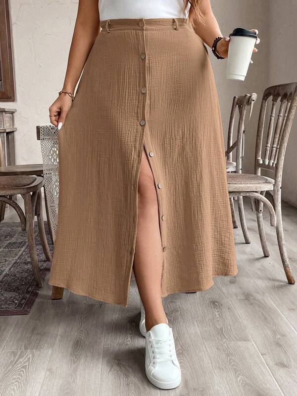 SHEIN LUNE Plus Size Women's Casual Apricot Buttoned Mid-Length Skirt For Fall Comfortable Cotton Summer Skirt