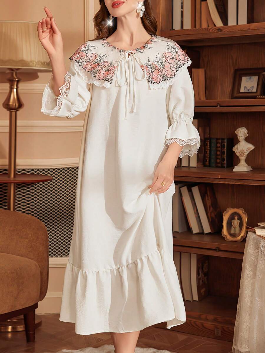 PalaceNights 法式复古宫廷风蕾丝边撞色宽松长款睡裙娃娃衫，女士奢华家居服，宽松舒适，秋冬款 - 彩色 - 查看 1