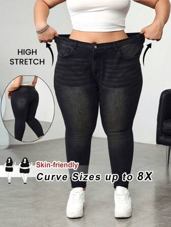 SHEIN CURVE+ Plus Size Dam Svarta Elastiska Skinny Casual Jeans
