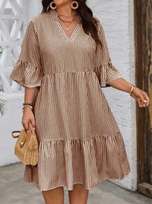 SHEIN Clasi Plus Size Women Striped V-Neck Flare Sleeve Ruffle Hem Casual Dress - Brown - View 6
