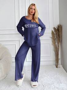 RueChic 100%Cotton Letter Printed Knitted Ribbed Homewear Set - Navy Blue - View 4