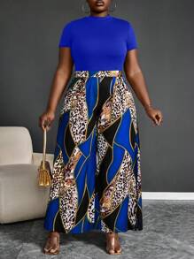 Maweii 2pcs Plus Size Solid Color Short Sleeve Top And Long Pants Set, Simple And Fashionable, Suitable For Summer