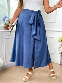 SHEIN LUNE Falda plisada con cintura elástica y decoración de cinta, versátil y cómoda, estilo "Old Money" para mujeres, para brunch, aeropuerto, vaquera, verano, graduación, primavera, verano, graduación, Pascua, vacaciones de verano