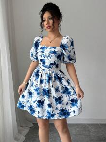 Elenzga 波西米亚印花百褶夏装，简约时尚 - 藍色 - 查看 1