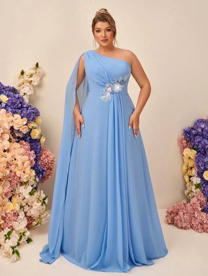 SHEIN Belle Plus Size Asymmetric Floral Decor Waist A-Line Blue Chiffon Maxi Bridesmaid Dress, Romantic & Elegant