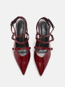 CUCCOO CURVES Plus Size Wide-Fit Pointed Toe High Heel Elegant Wine Red Multi-Strap Summer & All Season Sandals - Burgundy - View 5