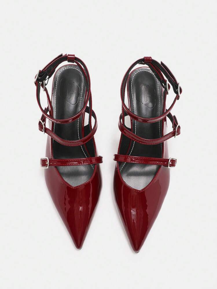 CUCCOO CURVES Plus Size Wide-Fit Pointed Toe High Heel Elegant Wine Red Multi-Strap Summer & All Season Sandals