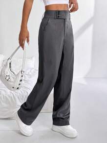 SHEIN PETITE Pantaloni dritti a vita alta con design a bottoni, modello ampio