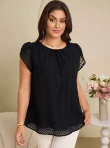 EMERY ROSE Plus Size Women Crew Neck Ruched Short Sleeve Fashionable Blouse,Summer For Women,Concert Wedding Guest,Western Wear Top,Flower/Vacation/Spring - Black - View 1
