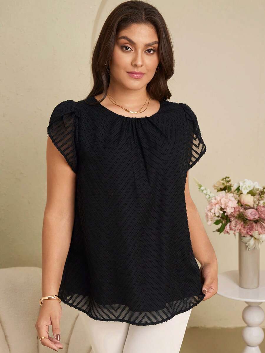 EMERY ROSE Plus Size Women Crew Neck Ruched Short Sleeve Fashionable Blouse,Summer For Women,Concert Wedding Guest,Western Wear Top,Flower/Vacation/Spring - Black - View 1