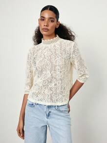 Maija 2025 夏季新款蕾丝立领中长袖纹理刺绣半透明蕾丝面料音乐节海滩度假休闲浪漫都市度假适合郊游、派对、婚礼、宾客、复古风格、毕业季女士上衣 - 白色 - 查看 4