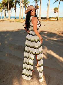 SHEIN SXY Blouse tricotée ample à motif géométrique ouverte à l'avant et sans manches, convient pour le printemps/l'été et les vacances