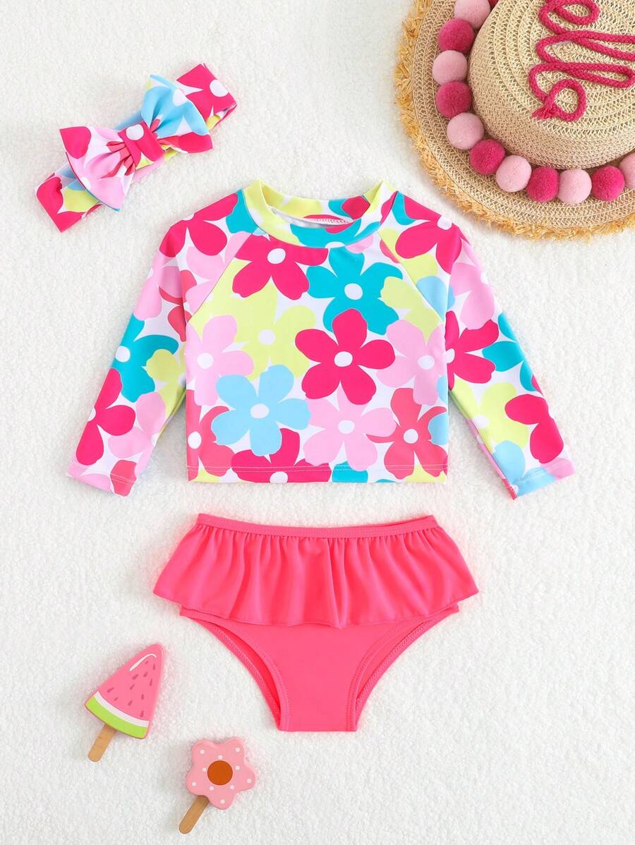 Conjunto de traje de baño de niña/niña pequeña con camiseta de manga larga con estampado floral y pantalones cortos, con diadema, protección solar de verano para la playa - Multicolor - Ver 1