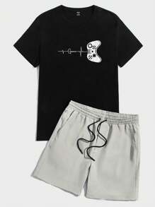 Manfinity VCAY Men Game Controller Print T-Shirt + Woven Shorts 2 Pieces Set - Light Grey - View 4