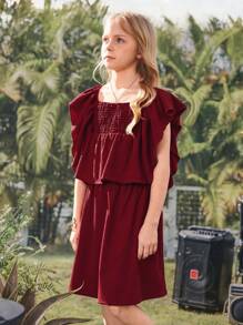 2pcs 2025 Spring/Summer New Casual Comfortable Resort Ruffled Sleeve Red Tween Girl Set, Suitable For Daily Wear, Outdoor Activities, And Family Holiday Gatherings - Burgundy - View 7