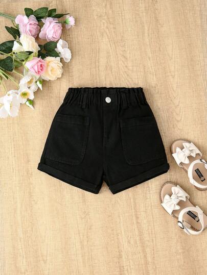 女童新款黑色牛仔泡泡腰短裤