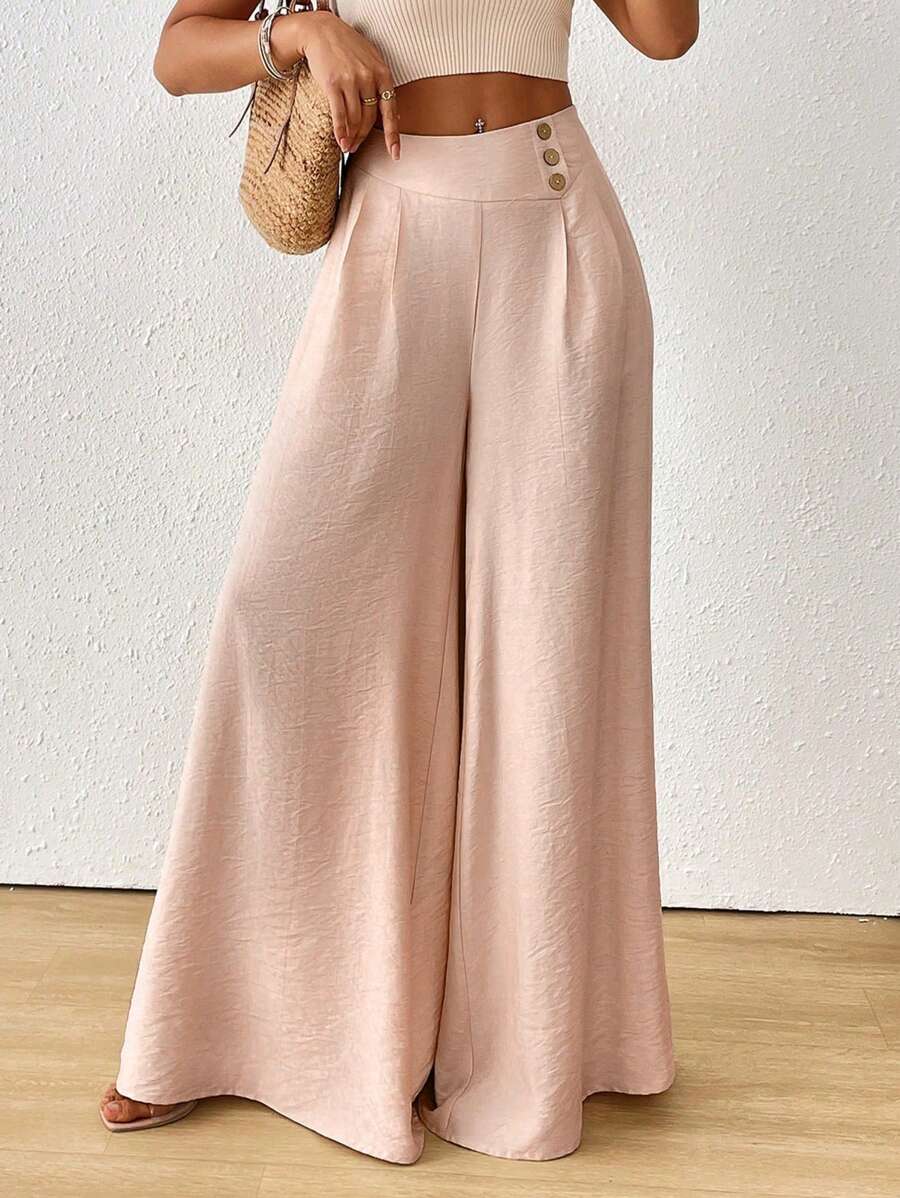 SoleilVie Fall Women Clothes Women's Solid Color Waist Button Design Wide Leg Loose Casual Pants - Dusty Pink - View 1