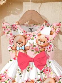 SHEIN Toddler Girls Lovely Floral Bear Print, Sweet Pink Bow Cartoon Print Fashion Long Sleeve Dress, Suitable For Spring/Summer, Outings - White - View 4