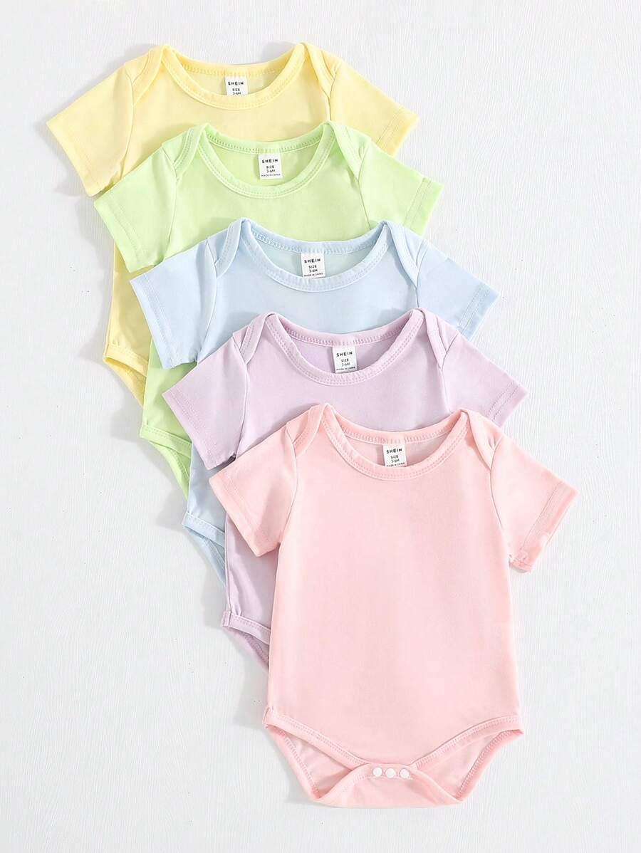 SHEIN Playful Pals 5件套女婴柔软舒适马卡龙色露肩短袖连体衣，百搭休闲日常春夏装 - 彩色 - 查看 1