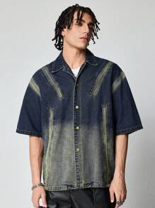ROMWE MEN Street Life Áo khoác denim tay ngắn đơn hàng khuy rộng thoải mái cho nam - Màu xanh lam - Xem 3