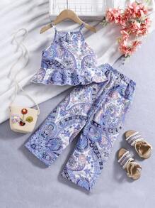 SHEIN 2pcs/Set Girls Vacation Spaghetti Strap Top And Ruffle Pants, Versatile And Comfortable For Spring, Summer, Autumn, Suitable For Girls Aged 4-7 Years, Good For Outings, School, Home, And Vacations - Blue - View 2