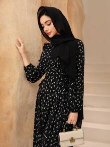 Graceveil Women's Ditsy Floral Asymmetric Collar Tie Waist Design Dress,Modest - Black - View 3