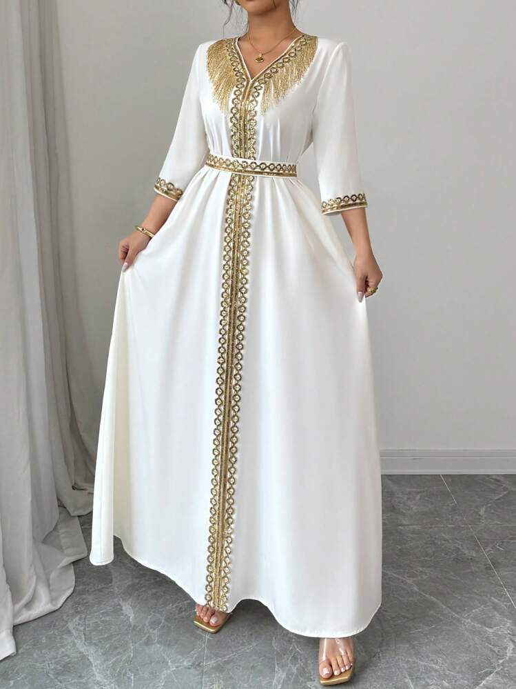 Elenzga Women Elegant Sequin Patchwork Tassel Decor Dress - Beige - View 4