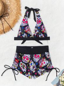 SHEIN 2pcs/Set Women Summer Beach Outfit - V-Neck Halter Random Floral Print Top And Drawstring Shorts, Elegant Bikini Set - Multicolor - View 3