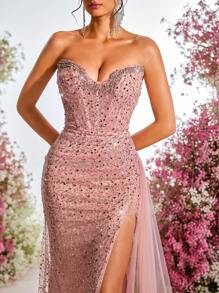 Glamrae Elegant Lotus Pink Luxury Bead & Sequin Mesh Splice Handcrafted Rhinestone Embellished Strapless Fishbone Side High Slit Fishtail Formal Evening Gown - Dusty Pink - View 4
