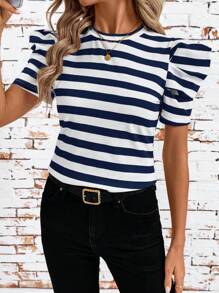 SHEIN Clasi 女士黑白条纹圆领泡泡袖修身T恤圆领T恤夏季女教师装女装 - 藏蓝色 - 查看 5