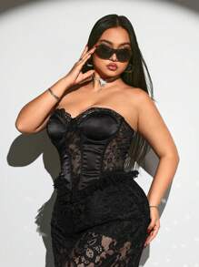 SHEIN ICON Plus Size Lace Patchwork Ruffle Trim Sexy Bustier, Wedding Guest Blouse, Lace Hollow Out Top, Date Outfit