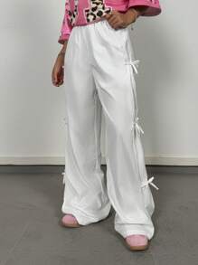 SHEIN Tween Girls Spring/Summer 1pc New White Bowknot Lace-Up  Quick-Drying Straight-Leg Pants - White - View 3