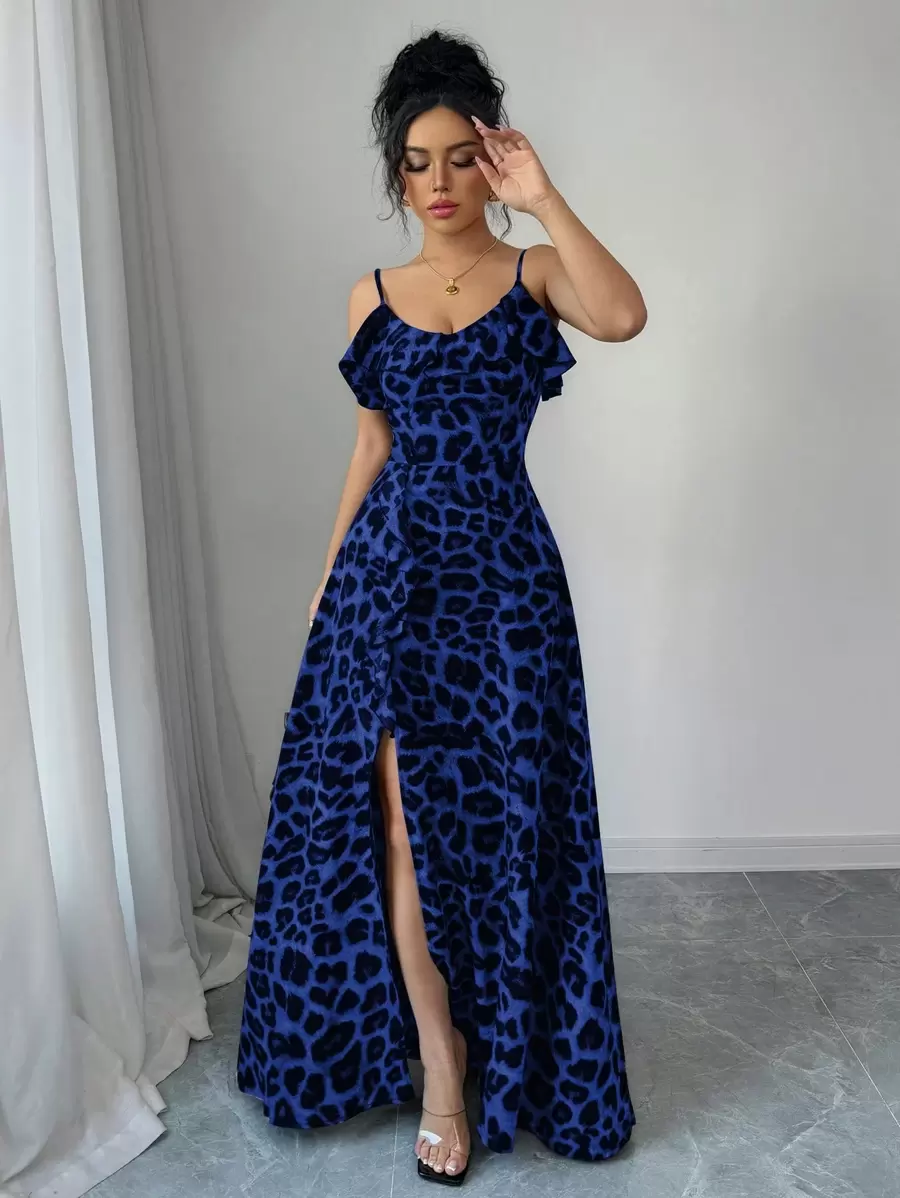 Elenzga Vacation Boho Leopard Print V-Neck Ruffle Hem High Waisted Split Elegant Romantic Dress For Women - Blue - View 1