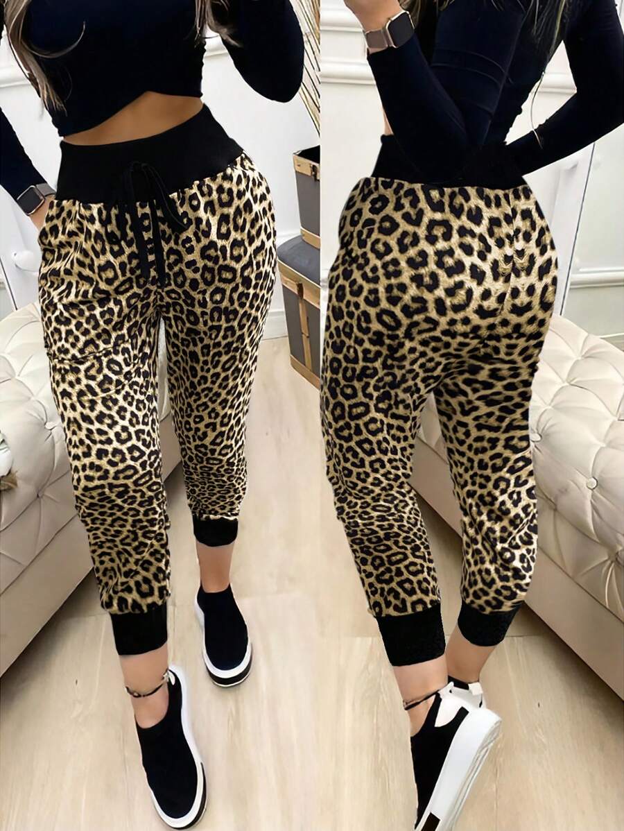 SHEIN LUNE Women's Fashionable Leopard Print Drawstring Sweatpants - White - View 1