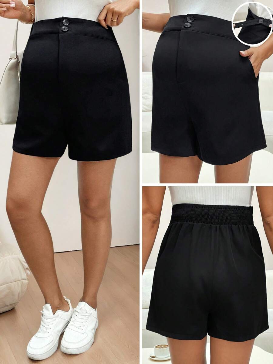 SHEIN Maternity Simple Solid Color Button Elastic Waist Shorts - Black - View 1