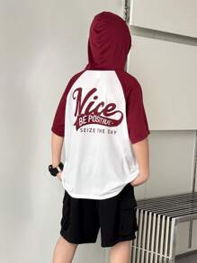 Camiseta de manga corta informal de manga raglán con estampado de letras para niños preadolescentes, de verano